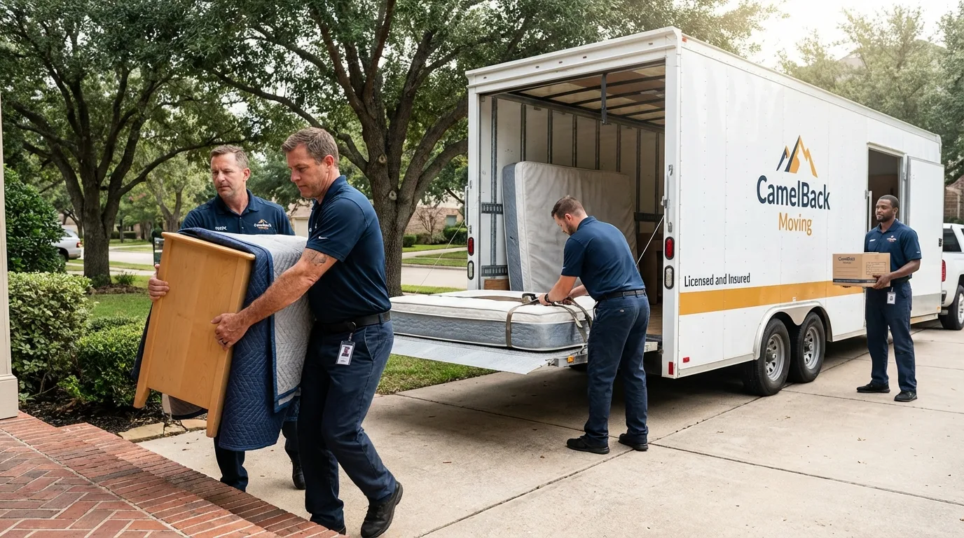 Crew loading residential truck for cross-state move from Rice, MN