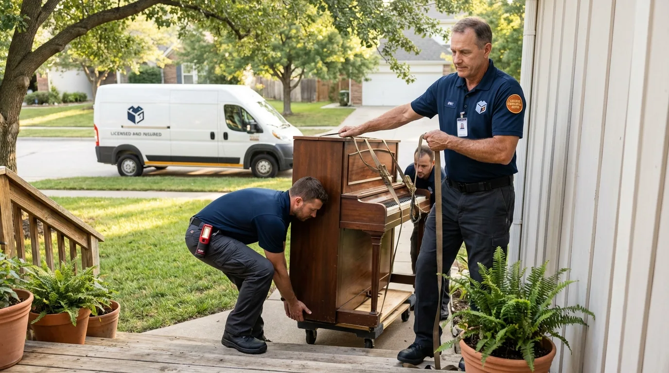 Licensed piano movers securing grand piano in Rice, MN