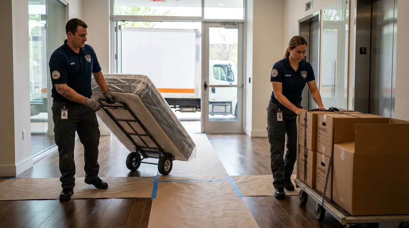 Professional apartment movers loading elevator in Rice, MN